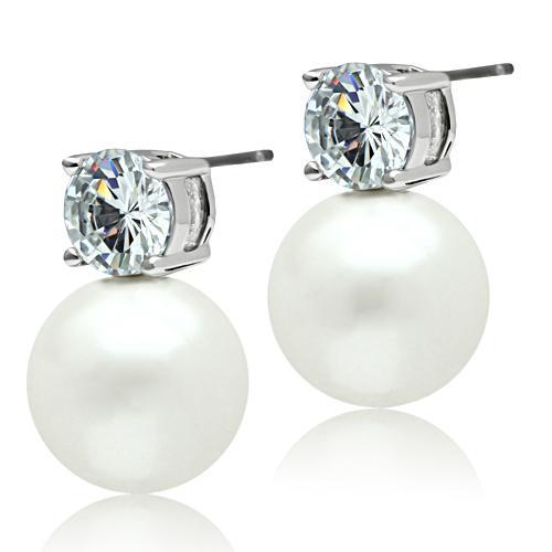 MA3W088 - Rhodium Brass Earrings with Synthetic Pearl in White