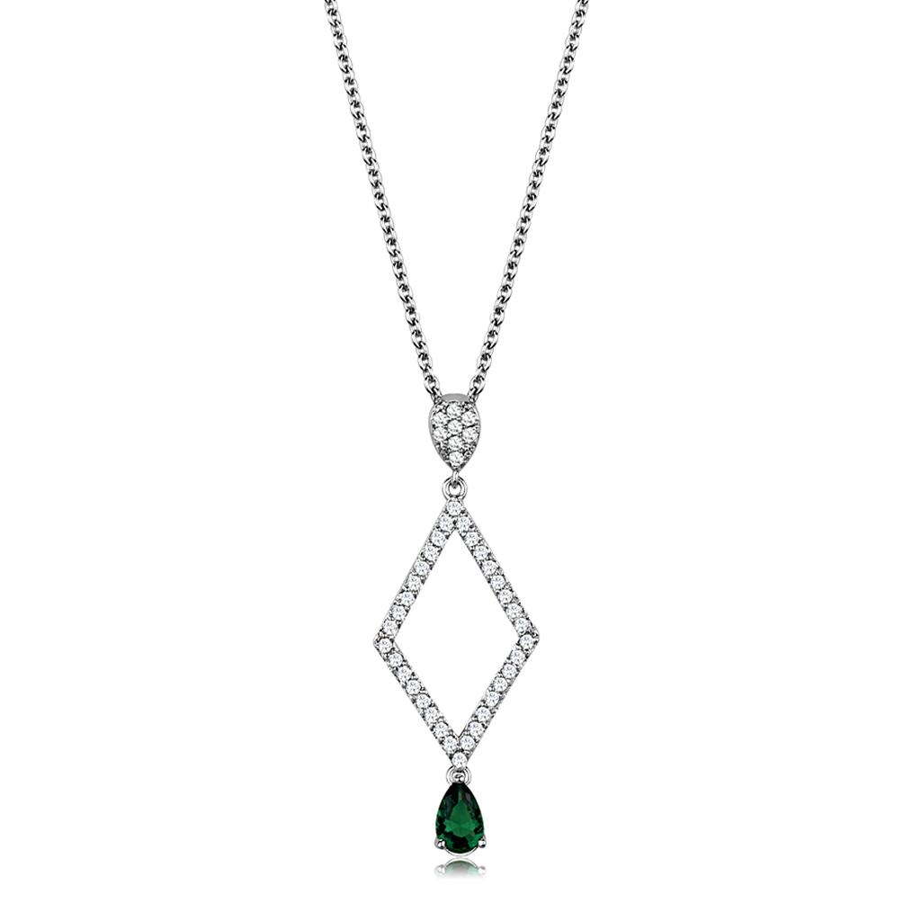 MA3W1026 - Rhodium Brass Chain Pendant with Synthetic Synthetic Glass in Emerald