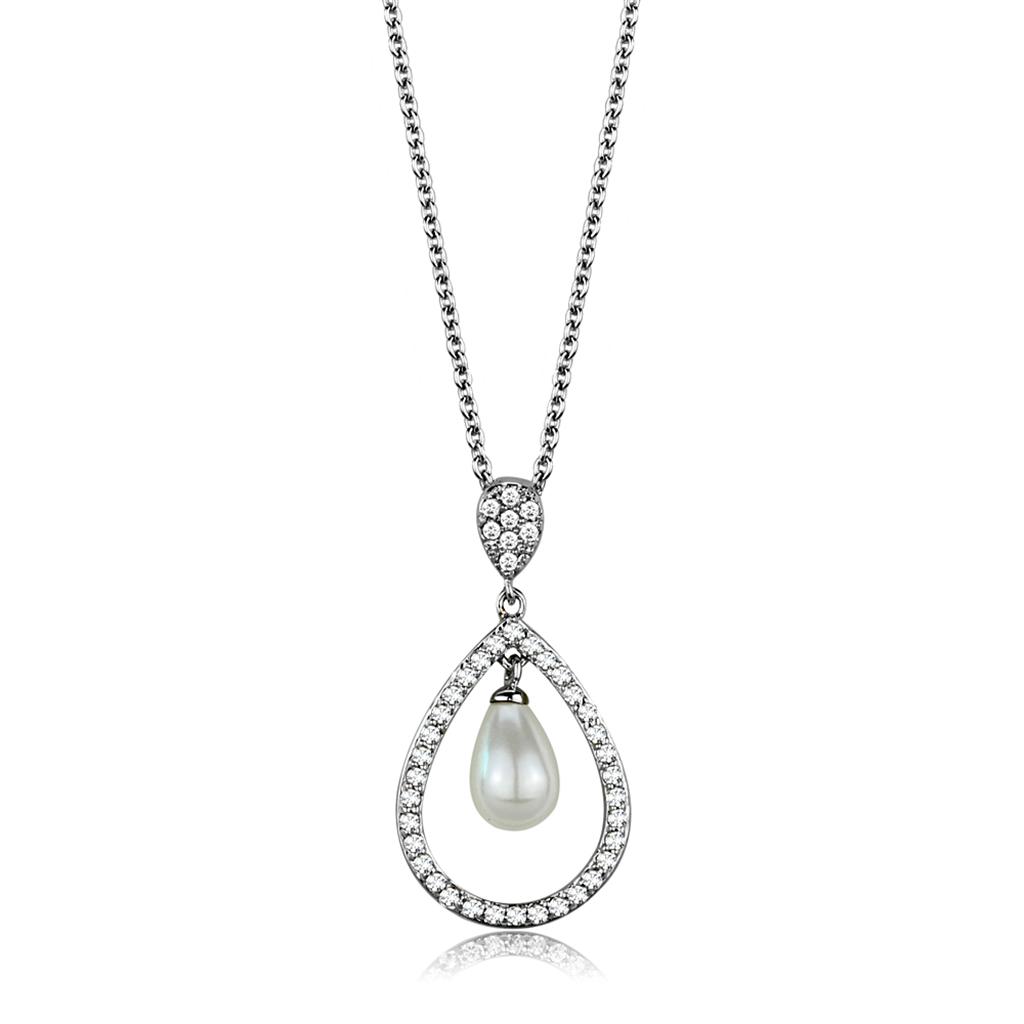 MA3W1031 - Rhodium Brass Chain Pendant with Synthetic Pearl in White