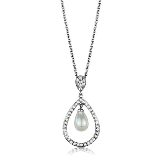 MA3W1031 - Rhodium Brass Chain Pendant with Synthetic Pearl in White