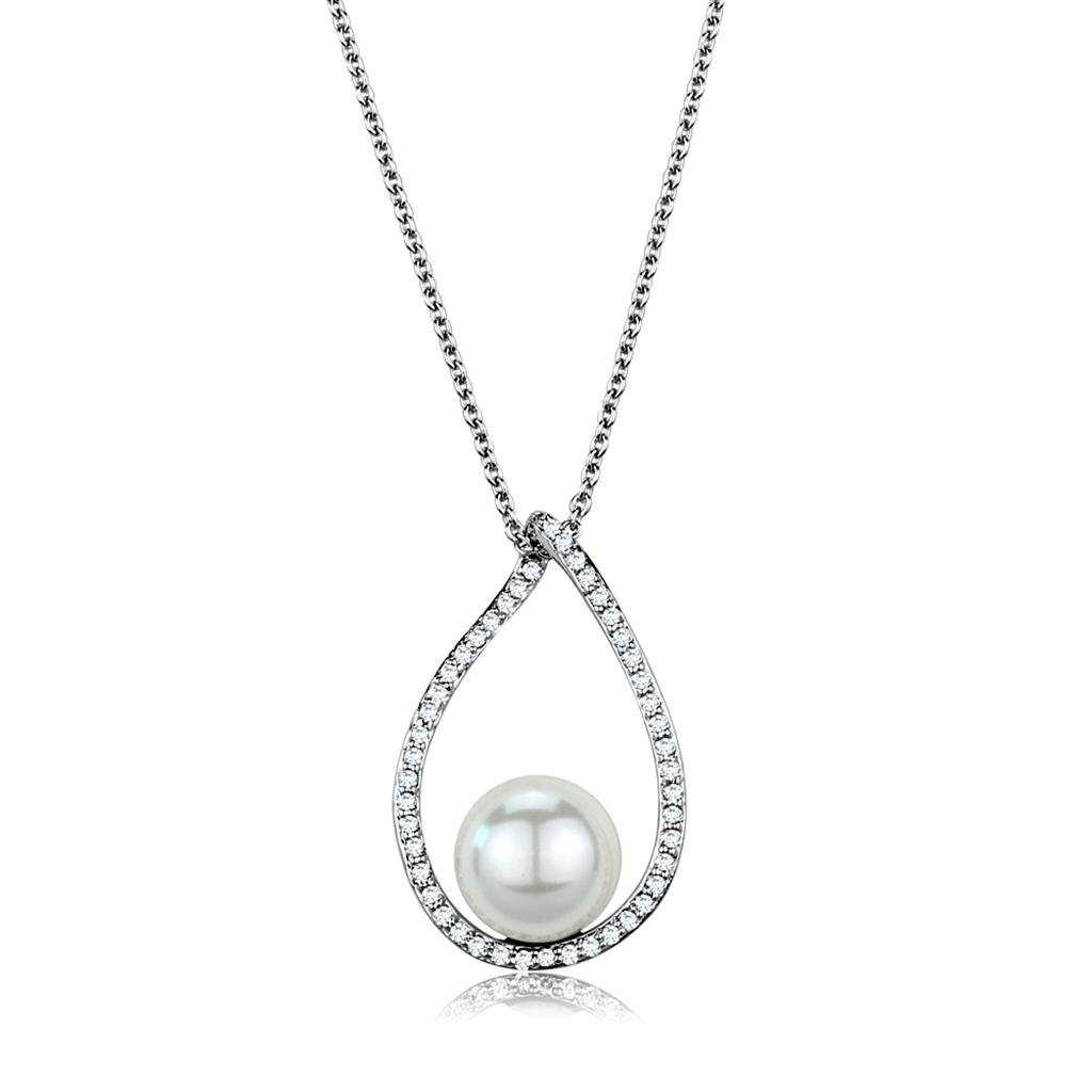 MA3W1036 - Rhodium Brass Chain Pendant with Synthetic Pearl in White