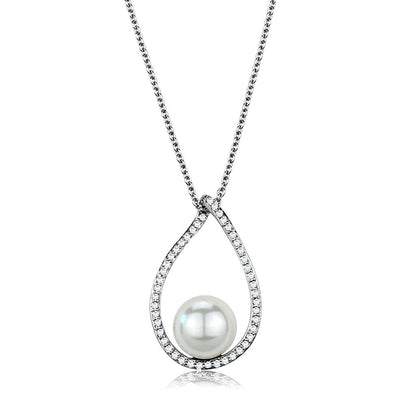 MA3W1036 - Rhodium Brass Chain Pendant with Synthetic Pearl in White