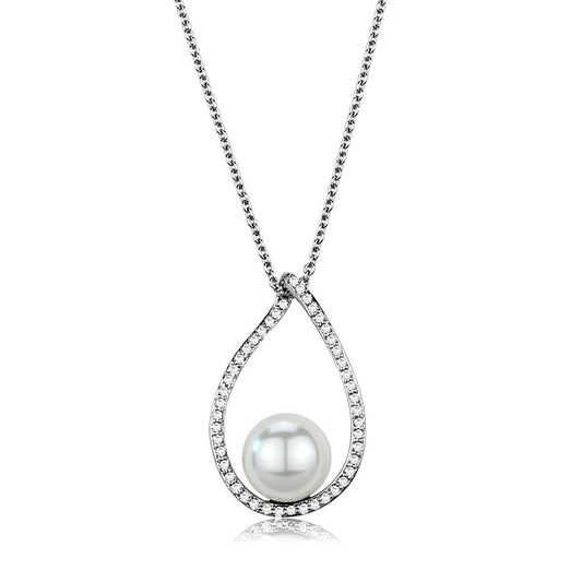 MA3W1036 - Rhodium Brass Chain Pendant with Synthetic Pearl in White