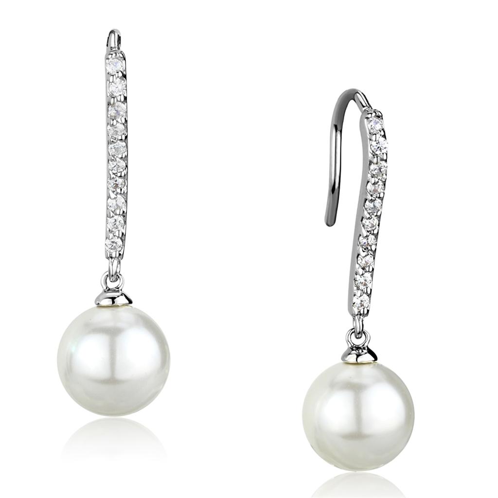 MA3W1059 - Rhodium Brass Earrings with Synthetic Pearl in White