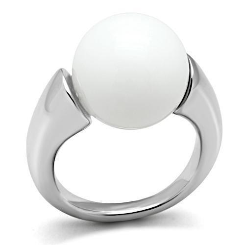 MA3W106 - Rhodium Brass Ring with Synthetic Glass Bead in White