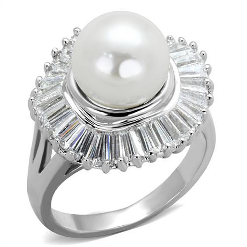 MA3W1073 - Rhodium Brass Ring with Synthetic Pearl in White