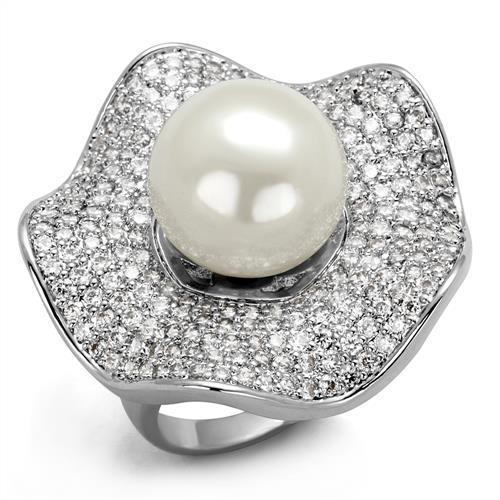 MA3W1080 - Rhodium Brass Ring with Synthetic Pearl in White