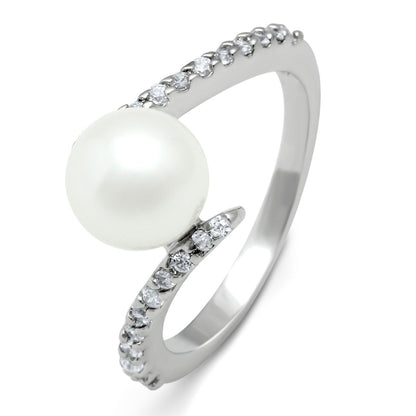 MA3W126 - Rhodium Brass Ring with Synthetic Pearl in White