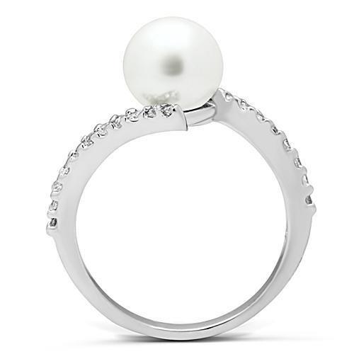 MA3W126 - Rhodium Brass Ring with Synthetic Pearl in White