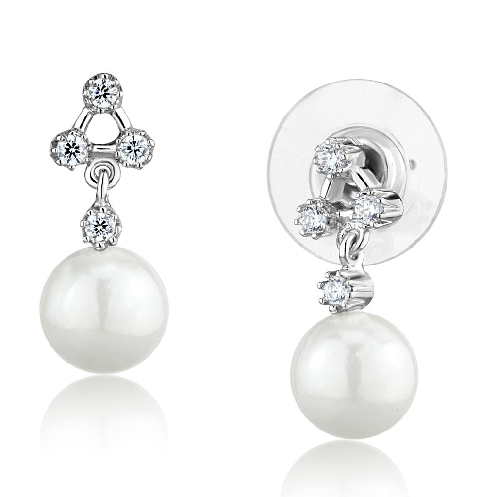 MA3W1295 - Rhodium Brass Earrings with Synthetic Pearl in White