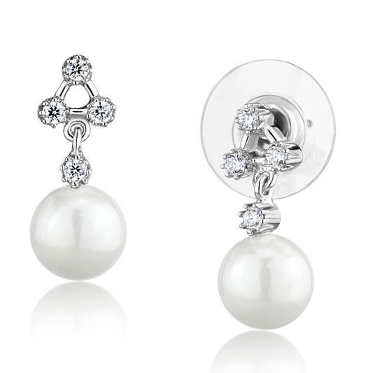 MA3W1295 - Rhodium Brass Earrings with Synthetic Pearl in White