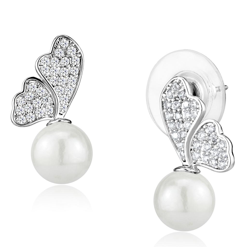 MA3W1299 - Rhodium Brass Earrings with Synthetic Pearl in White