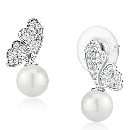 MA3W1299 - Rhodium Brass Earrings with Synthetic Pearl in White