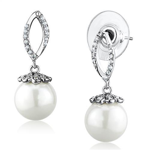 MA3W1301 - Rhodium Brass Earrings with Synthetic Pearl in White