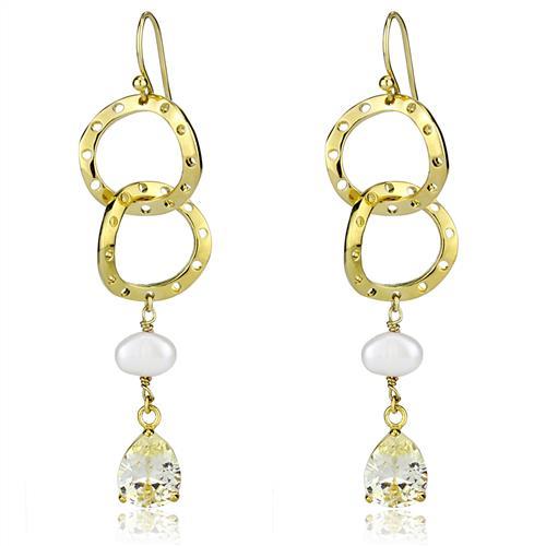 MA3W1312 - Gold Brass Earrings with Semi-Precious Pearl in White