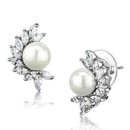 MA3W1354 - Rhodium Brass Earrings with Synthetic Pearl in White