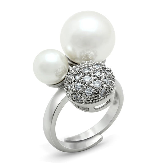 MA3W137 - Rhodium Brass Ring with Synthetic Pearl in White