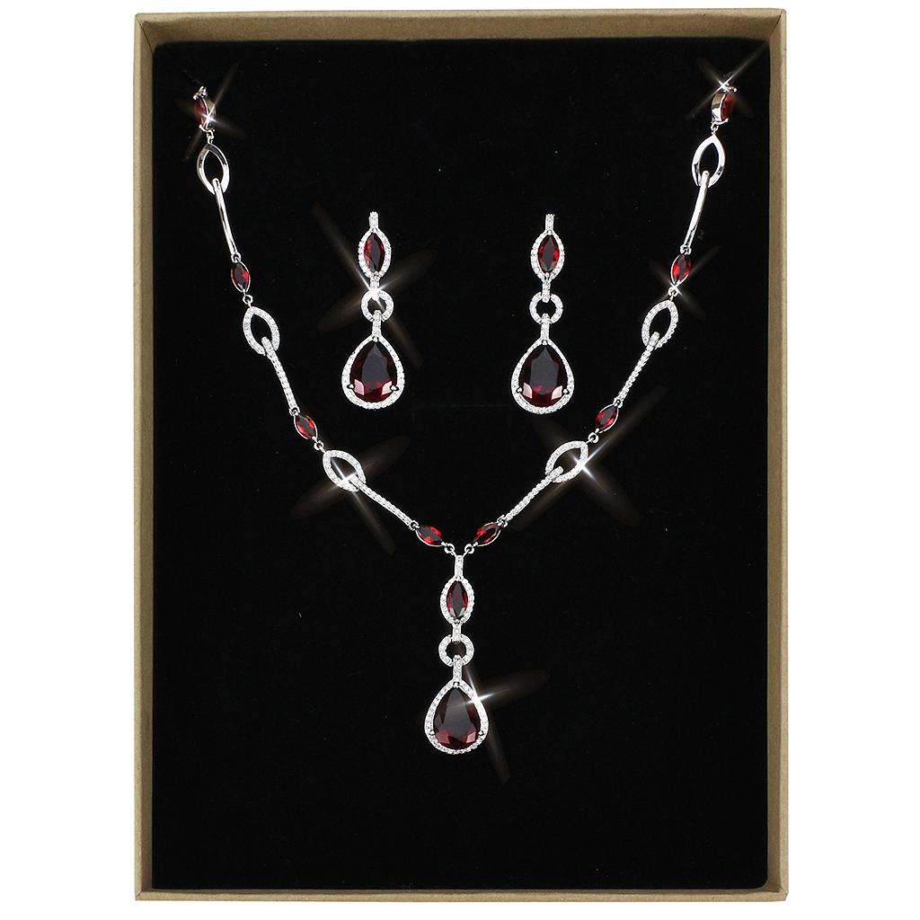 MA3W1423 - Rhodium Brass Jewelry Sets with Synthetic Synthetic Glass in Garnet