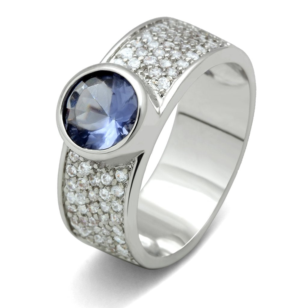 MA3W146 - Rhodium Brass Ring with Synthetic Synthetic Glass in Light Sapphire