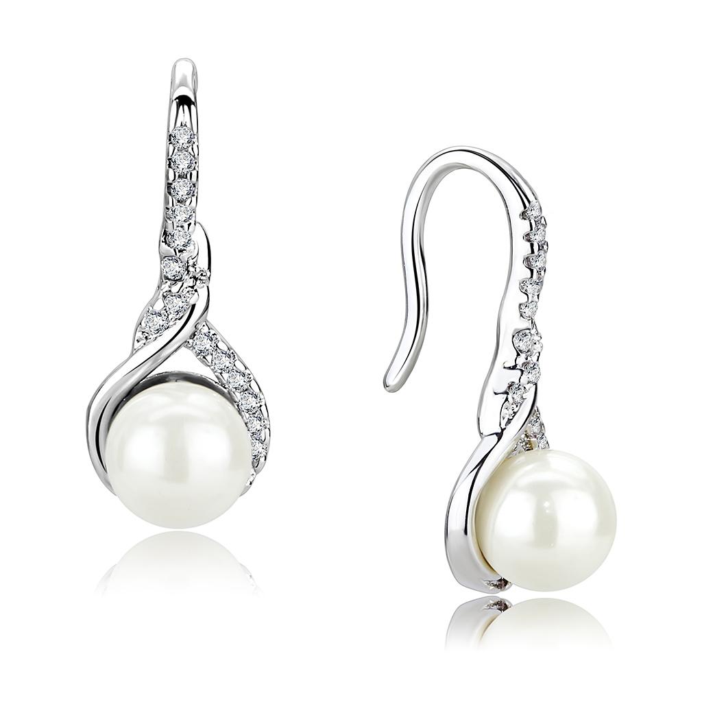 MA3W1478 - Rhodium Brass Earrings with Synthetic Pearl in White