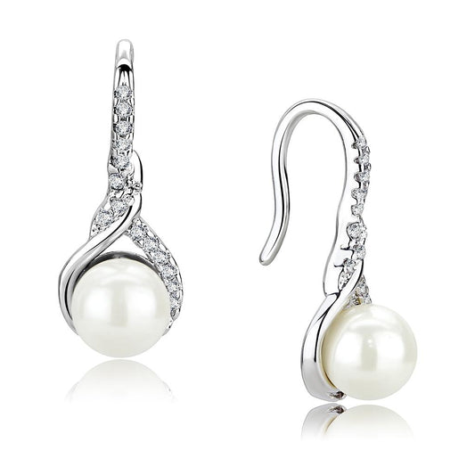 MA3W1478 - Rhodium Brass Earrings with Synthetic Pearl in White