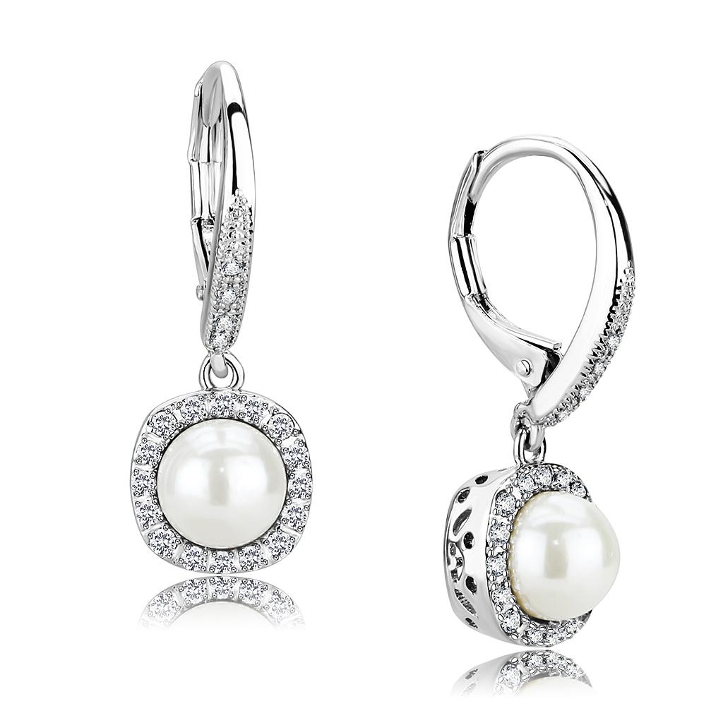 MA3W1479 - Rhodium Brass Earrings with Synthetic Pearl in White