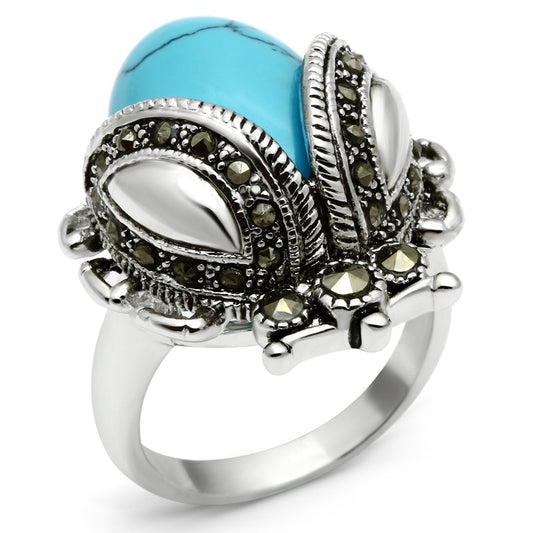 MA3W181 - Rhodium Brass Ring with Synthetic Turquoise in Sea Blue