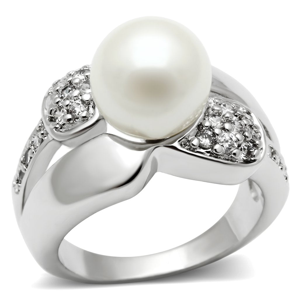 MA3W182 - Rhodium Brass Ring with Synthetic Pearl in White