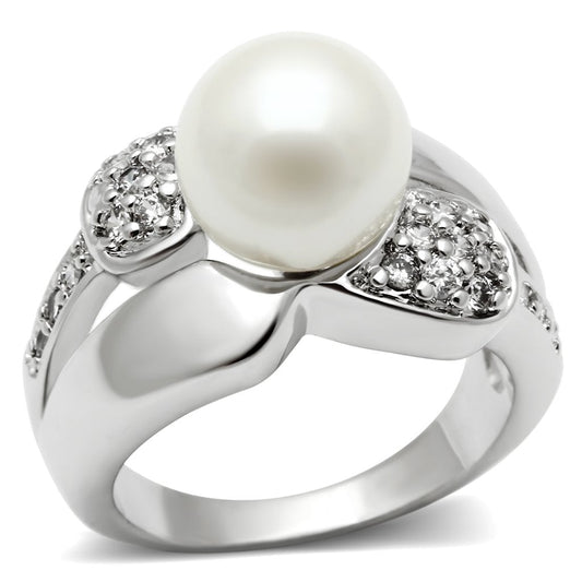 MA3W182 - Rhodium Brass Ring with Synthetic Pearl in White