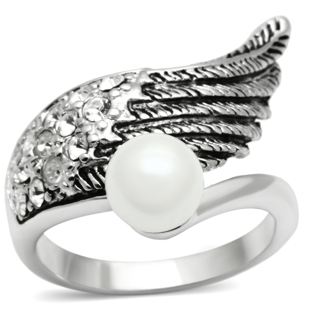 MA3W191 - Rhodium Brass Ring with Synthetic Pearl in White