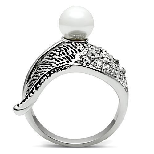 MA3W191 - Rhodium Brass Ring with Synthetic Pearl in White