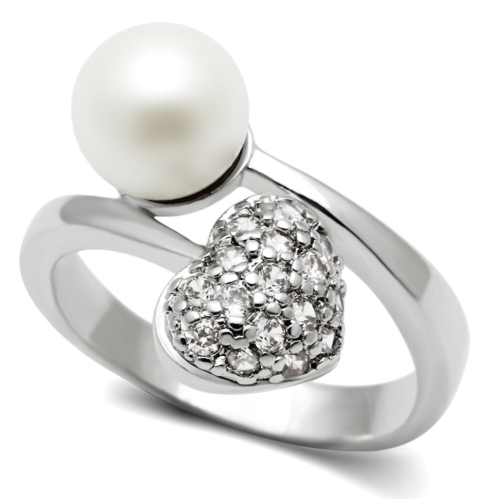 MA3W192 - Rhodium Brass Ring with Synthetic Pearl in White