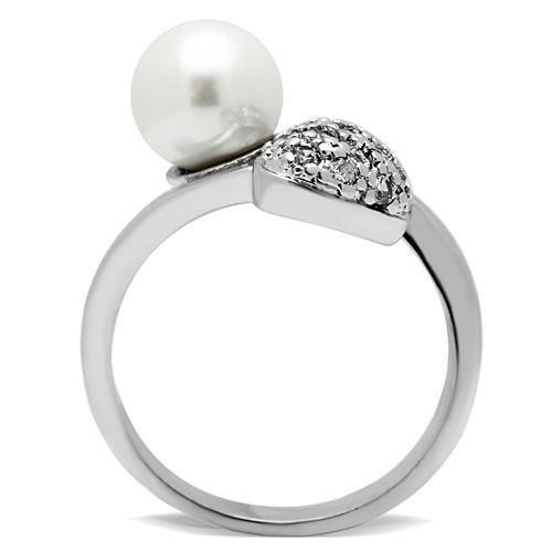 MA3W192 - Rhodium Brass Ring with Synthetic Pearl in White