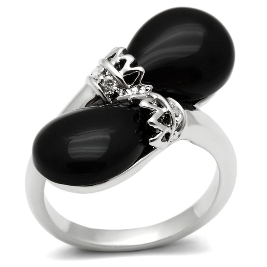 MA3W195 - Rhodium Brass Ring with Semi-Precious Onyx in Jet