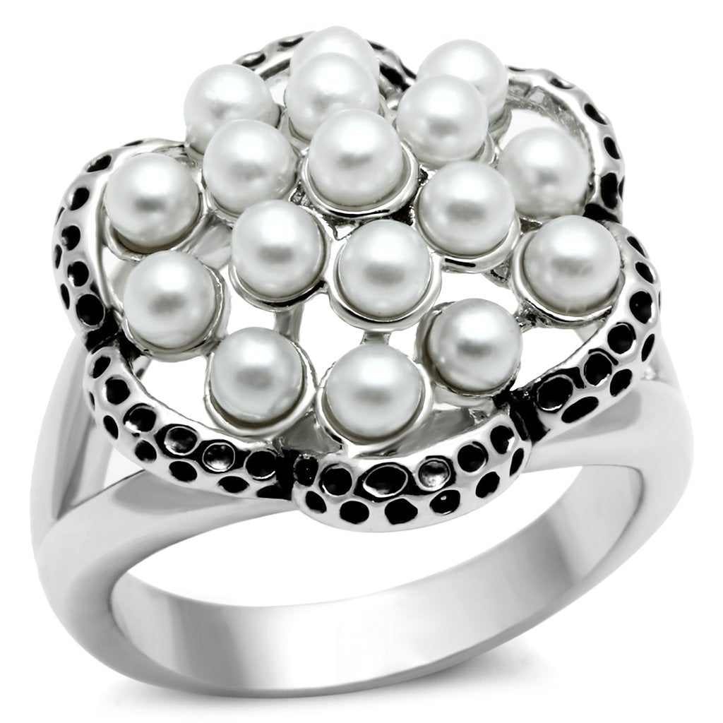 MA3W232 - Rhodium Brass Ring with Synthetic Pearl in White