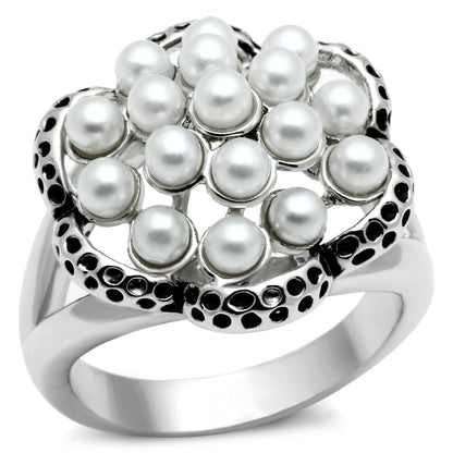 MA3W232 - Rhodium Brass Ring with Synthetic Pearl in White