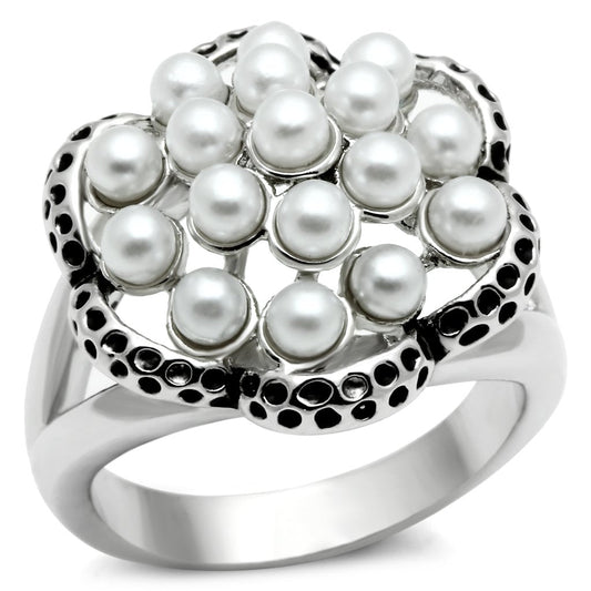 MA3W232 - Rhodium Brass Ring with Synthetic Pearl in White
