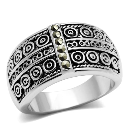 MA3W239 - Rhodium Brass Ring with Semi-Precious Marcasite in Black Diamond