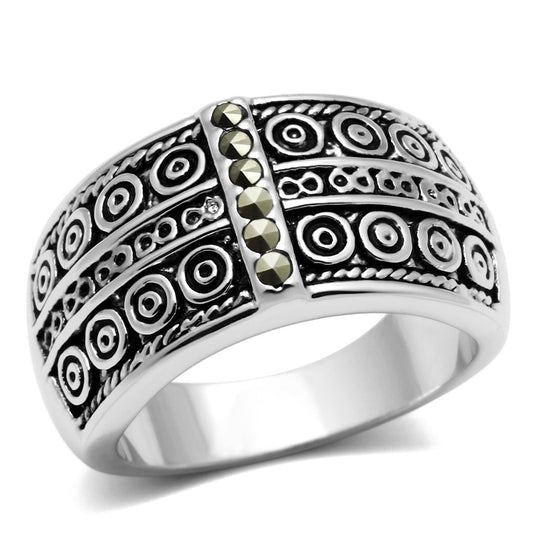 MA3W239 - Rhodium Brass Ring with Semi-Precious Marcasite in Black Diamond
