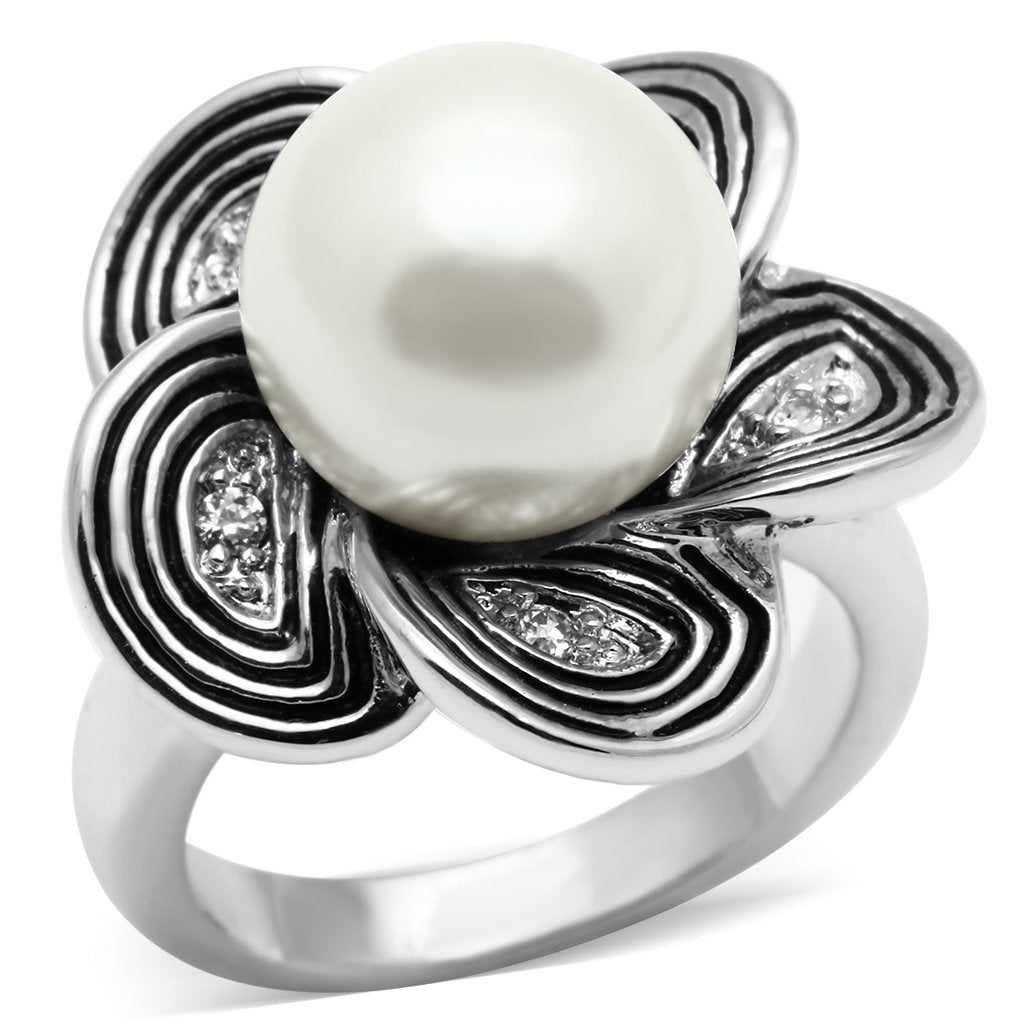 MA3W240 - Rhodium Brass Ring with Synthetic Pearl in White