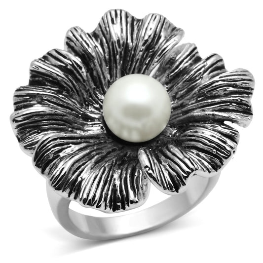 MA3W259 - Rhodium Brass Ring with Synthetic Pearl in White