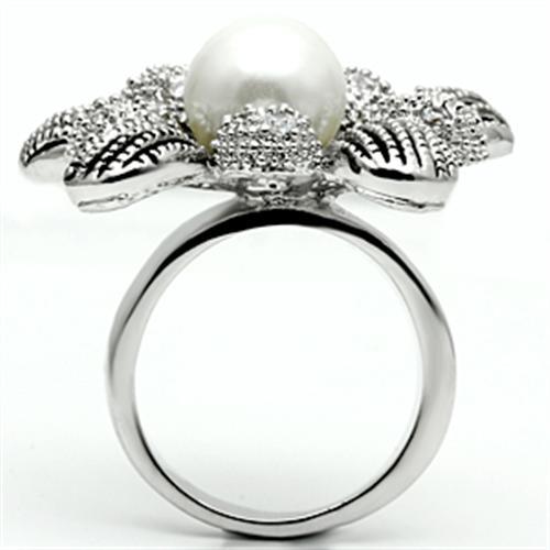 MA3W294 - Rhodium Brass Ring with Synthetic Pearl in White