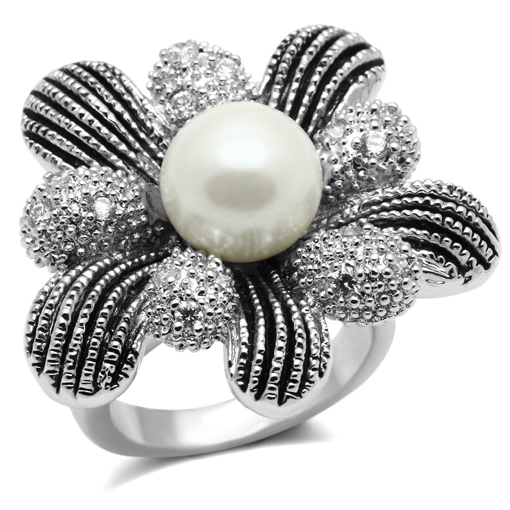 MA3W294 - Rhodium Brass Ring with Synthetic Pearl in White