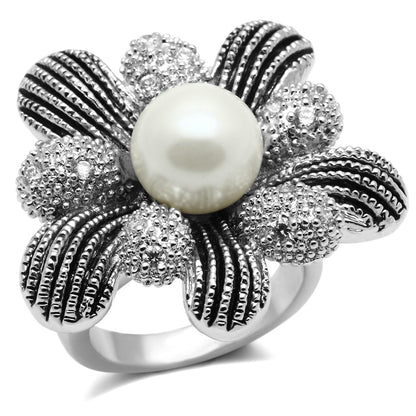MA3W294 - Rhodium Brass Ring with Synthetic Pearl in White