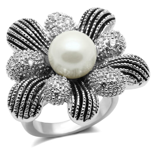 MA3W294 - Rhodium Brass Ring with Synthetic Pearl in White