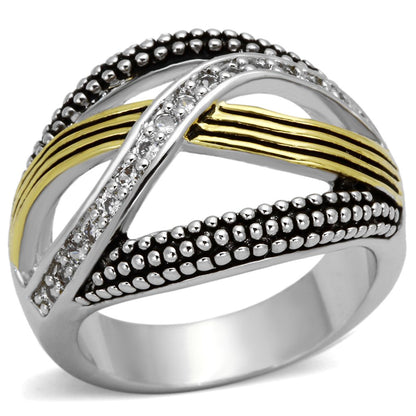 MA3W305 - Reverse Two-Tone Brass Ring with AAA Grade CZ  in Clear