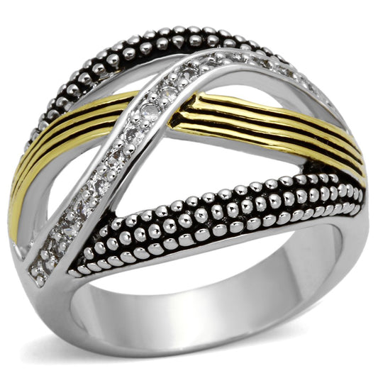 MA3W305 - Reverse Two-Tone Brass Ring with AAA Grade CZ  in Clear