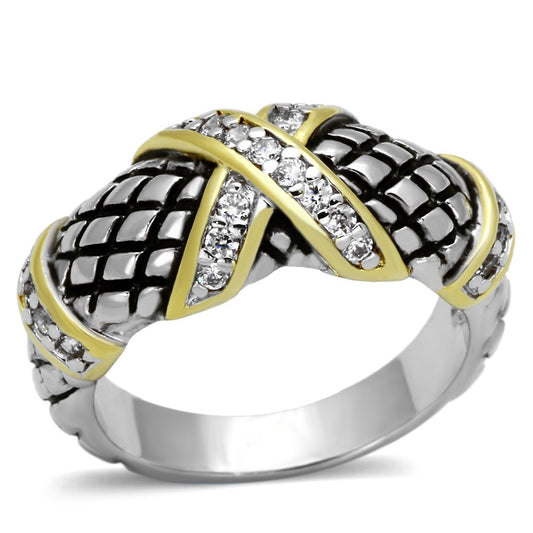 MA3W314 - Reverse Two-Tone Brass Ring with AAA Grade CZ  in Clear