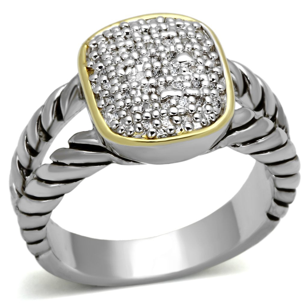 MA3W322 - Reverse Two-Tone Brass Ring with AAA Grade CZ  in Clear