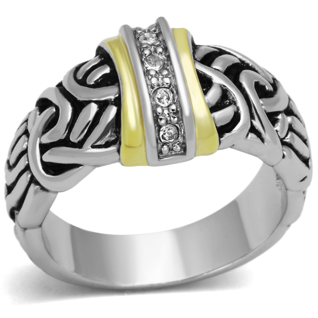 MA3W327 - Reverse Two-Tone Brass Ring with Top Grade Crystal  in Clear